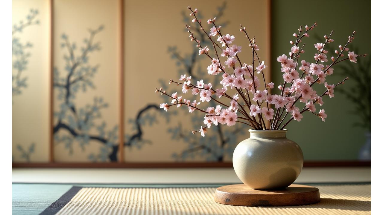 日本の茶道の花と伝統的な生け花の静物画