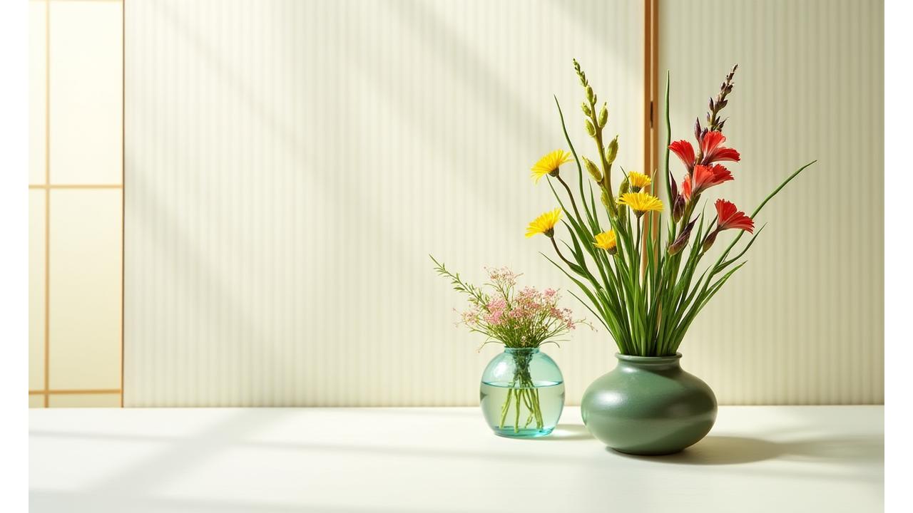 伝統的な生け花とモダンフラワーアレンジメントの融合を示す花のアートワーク
