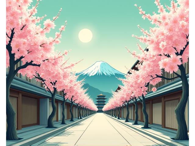 桜の木々が立ち並ぶ日本の街並みと遠くに富士山