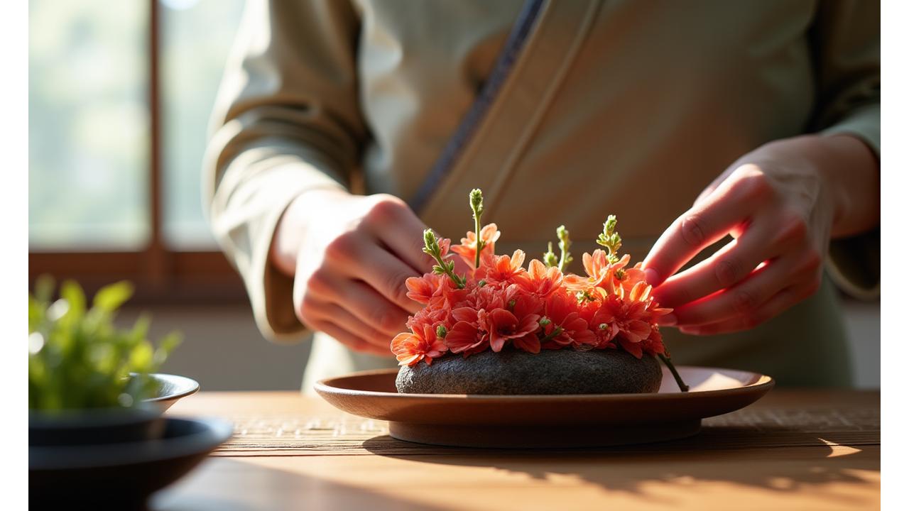 日本の茶道の準備をする手元と生け花の美しい花々
