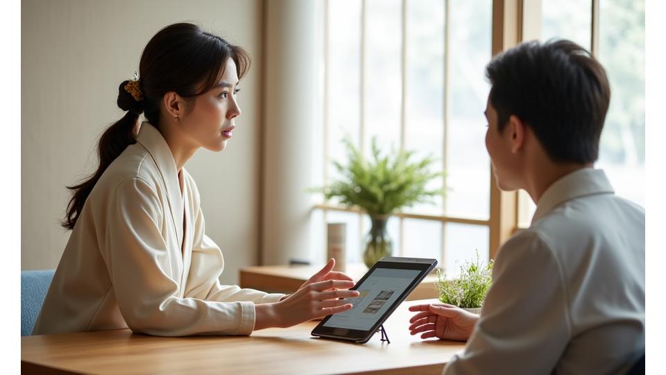 生け花の専門家が顧客との対話でiPadを使用している様子を示す日本のミニマルなデザインのオフィススペース