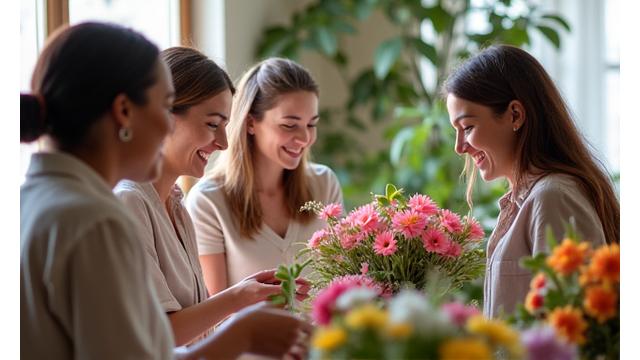 初心者向けの花のアレンジメントレッスンを受けている笑顔の人々
