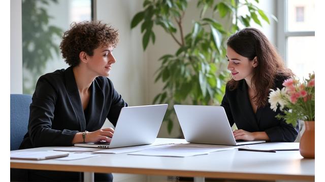 ノートパソコンと花瓶が置かれた清潔なワークスペースで、事業計画を話し合う二人の人物