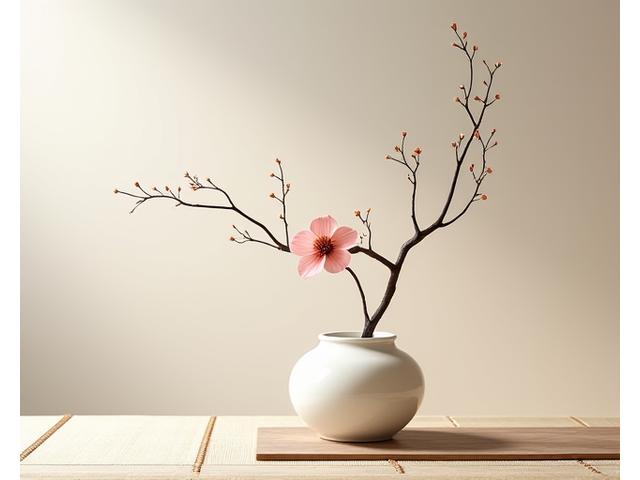 生け花における空間と非対称性の美学を強調したミニマリストな和風の生け花