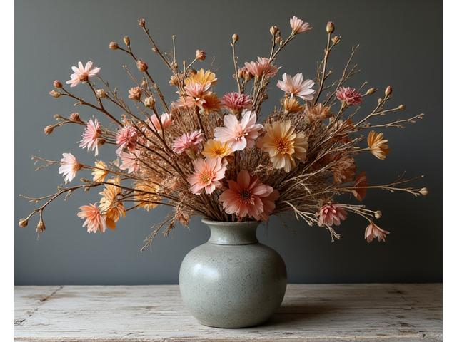 枯れた枝と乾燥した花材を使った、素朴で侘び寂びの美学が感じられる作品