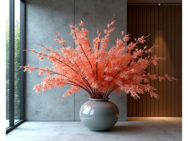 モダンな都市空間で展示される、日本の伝統的な花材と現代的な素材を組み合わせたフュージョンデザイン