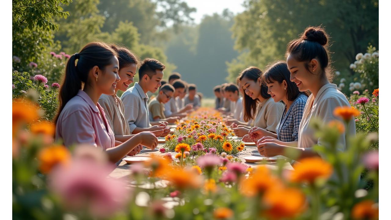 多様な花々が咲き誇る豊かな庭園で、様々な背景を持つ人々が穏やかに交流している様子