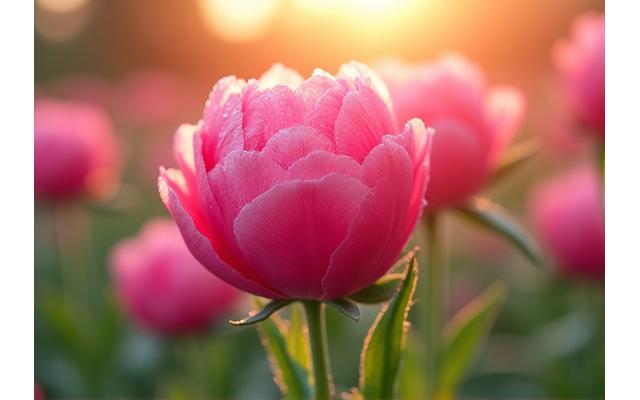 日本の静かな花畑で、朝露を帯びたオーガニック栽培の明るいピンクの牡丹が優しくクローズアップされています。日の出の光が花びらを照らし、新鮮さと自然な美しさを強調しています。