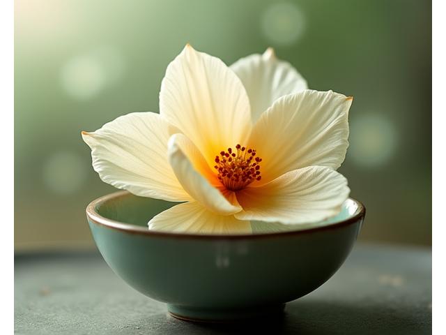 日本の茶碗に入った、繊細で珍しい日本の花(例えば茶花)のクローズアップ。柔らかく拡散した光が、微妙な色合いと質感を引き出しています。背景はミニマリストで、花のユニークな美しさを強調しています。