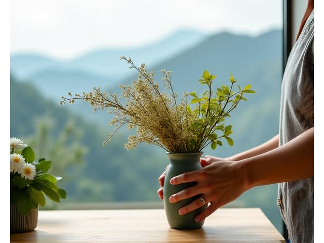 日本の山々の背景に、新鮮な花と葉を持つフローリストが倫理的に調達された花瓶に花を配置しているイメージ。穏やかな自然光が当たり、環境への配慮と熟練した技術を強調しています。