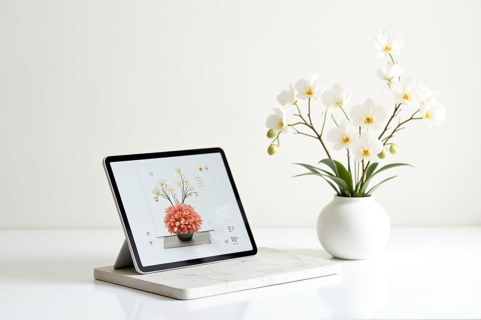 タブレット上のAIフラワーデザインアプリケーションを示す、花とデジタル要素が融合したイラスト