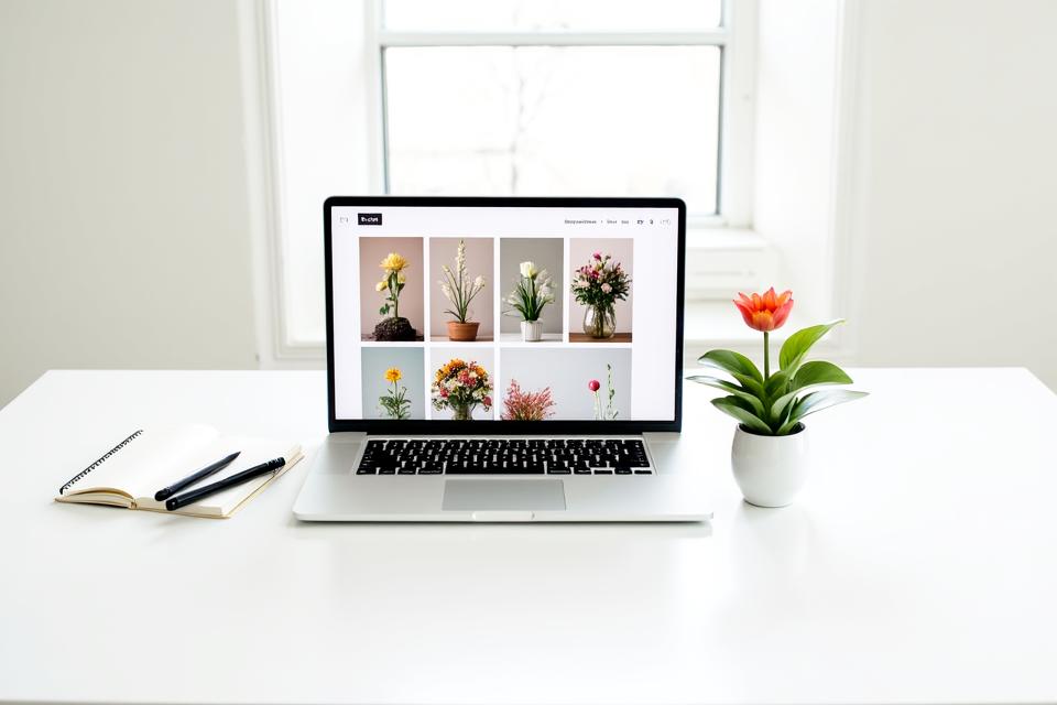 画面上に花のデジタルポートフォリオアプリを表示するプロのフローリスト、共有オプションがある
