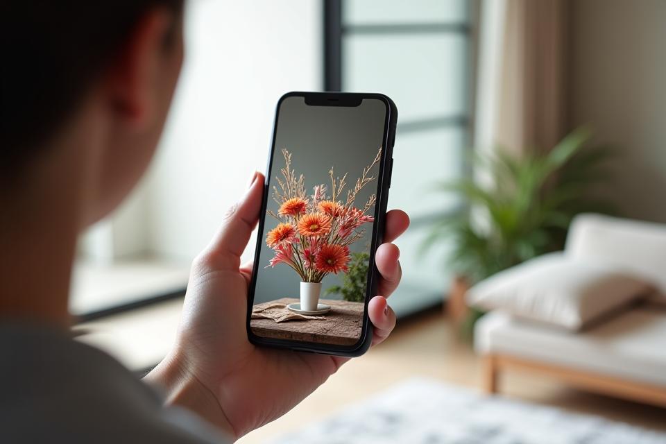 スマートフォンを使ってリアルタイムでリビングルームにデジタルフラワーアレンジメントを表示する女性