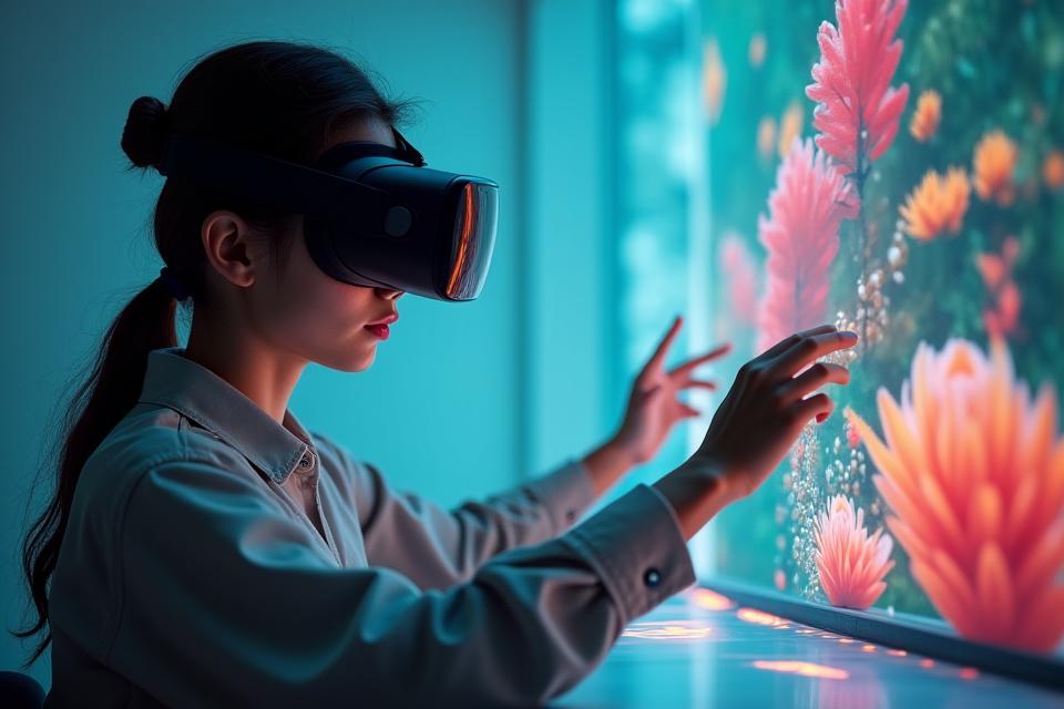 VRヘッドセットを着用した学生がバーチャル教室でインタラクティブなフラワーアレンジメントを学ぶ