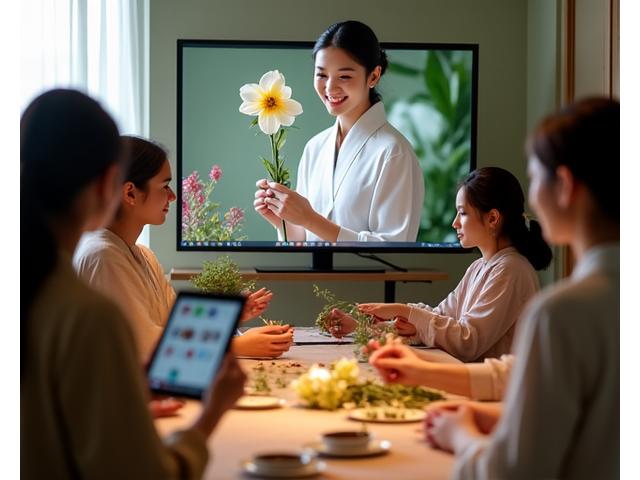 バーチャルワークショップの様子、画面越しに花材を指導する講師