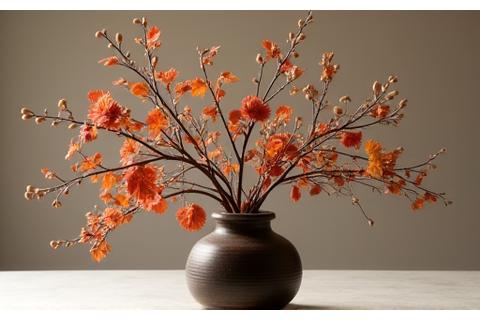 秋の紅葉や実りを表現した落ち着いた色合いのいけばな
