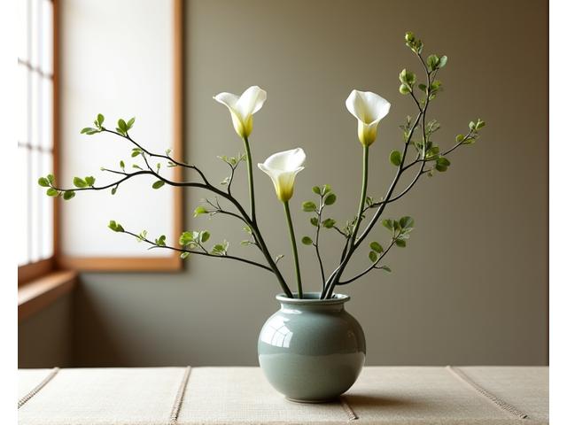 伝統的ないけばな作品、生花、投入、自由花など、余白を生かした構成