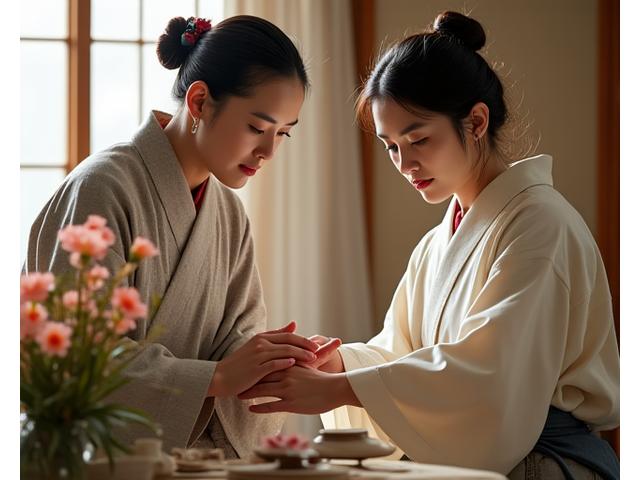日本の熟練した華道家が指導している様子