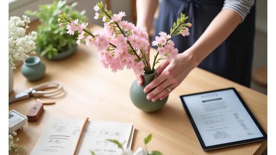 日本の生け花師の優雅な手元が、精巧な花器に桜の枝を丁寧に配置している様子。周囲には伝統的な日本の花材とモダンなデザインスケッチが散りばめられています。