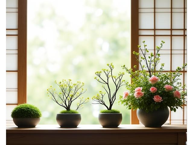盆栽のような小さな和の鉢植えから始まり、枝が成長し、最終的に豪華な生け花になる、緑豊かな花の漸進的な学習パスを視覚的に表現しています。背景は日本の伝統的な障子越しに差し込む柔らかな光です。