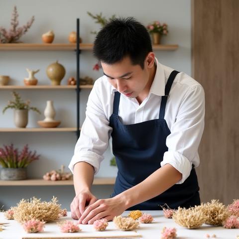 現代的な作業服を着た若い日本人男性の講師が、ドライフラワーとプリザーブドフラワーのアーティスティックな構成を真剣な表情で作っています。