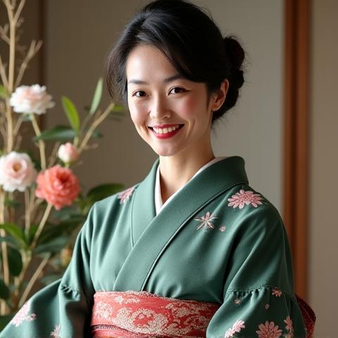 伝統的な着物を着た中年の日本人女性の講師が、穏やかな笑顔で精緻な生け花の前でポーズをとっています。