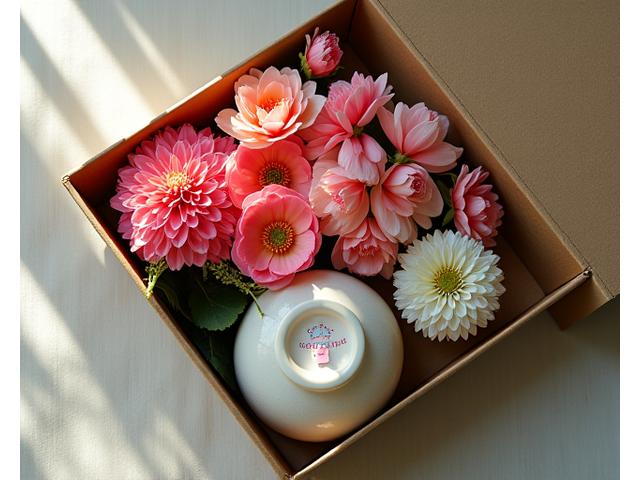 丁寧に梱包された、開かれたばかりの高級花材キットのクローズアップ。中には新鮮な和の花（椿、桜、菊など）、日本の伝統的な花器、高品質なハサミなどの道具が美しく並んでいます。柔らかく自然な光が差しています。
