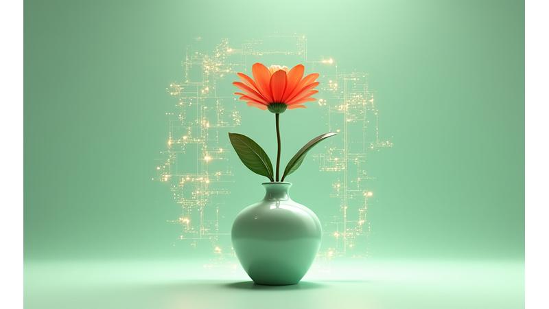 サイバーセキュリティの障壁と保護された花瓶が描かれた抽象的なイラスト。データ保護の概念を象徴し、デジタルの盾と安全な環境でお客様の情報を守ります。