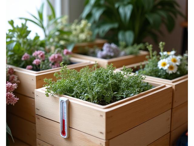 生花店で使用される、きれいな木製の堆肥容器のセット。剪定された茎、枯れた葉、および古い花がきちんと層に重ねられ、堆肥化プロセスの進捗を示す温度計が前面に見えるように、清潔で整然とした環境が保たれている。