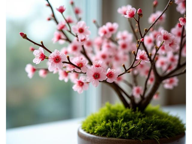 日本の伝統的な花器に取り付けられた、花泡を使用しない自然な花のアレンジメントのクローズアップ。苔、小枝、そして再利用可能なワイヤーネットを保持構造として使用し、背景には美しい桜の枝が見える。