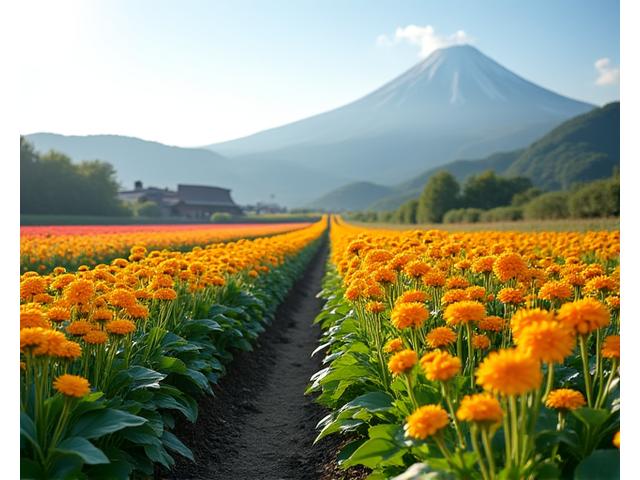 日本の田園地帯にある有機花栽培農場の美しいパノラマ。色とりどりの花が咲き誇り、遠くには富士山が見えるかもしれない。穏やかな朝の光が畑を照らしている。