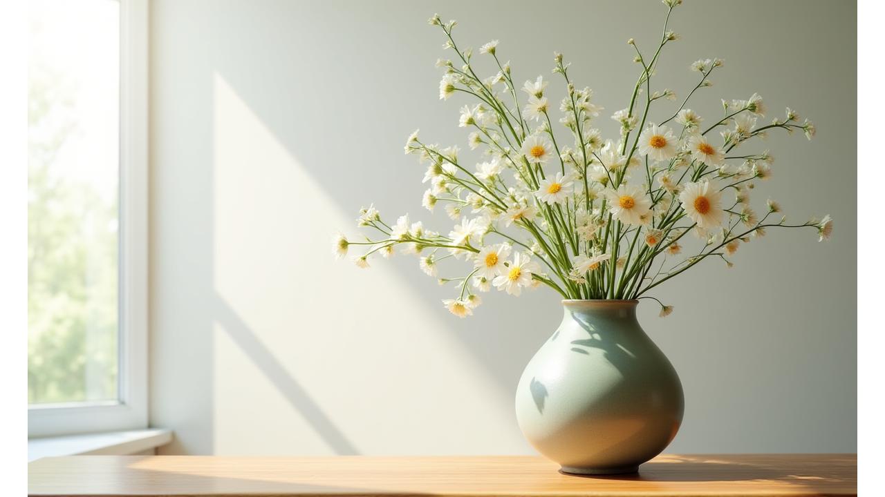日本の伝統的な花器と美しい生け花、背景には優しく差し込む光、調和と規範を象徴するイメージ