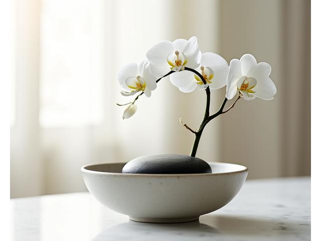 シンプルな陶器の器に、一本の白い蘭と石が配置されたミニマルな生け花。