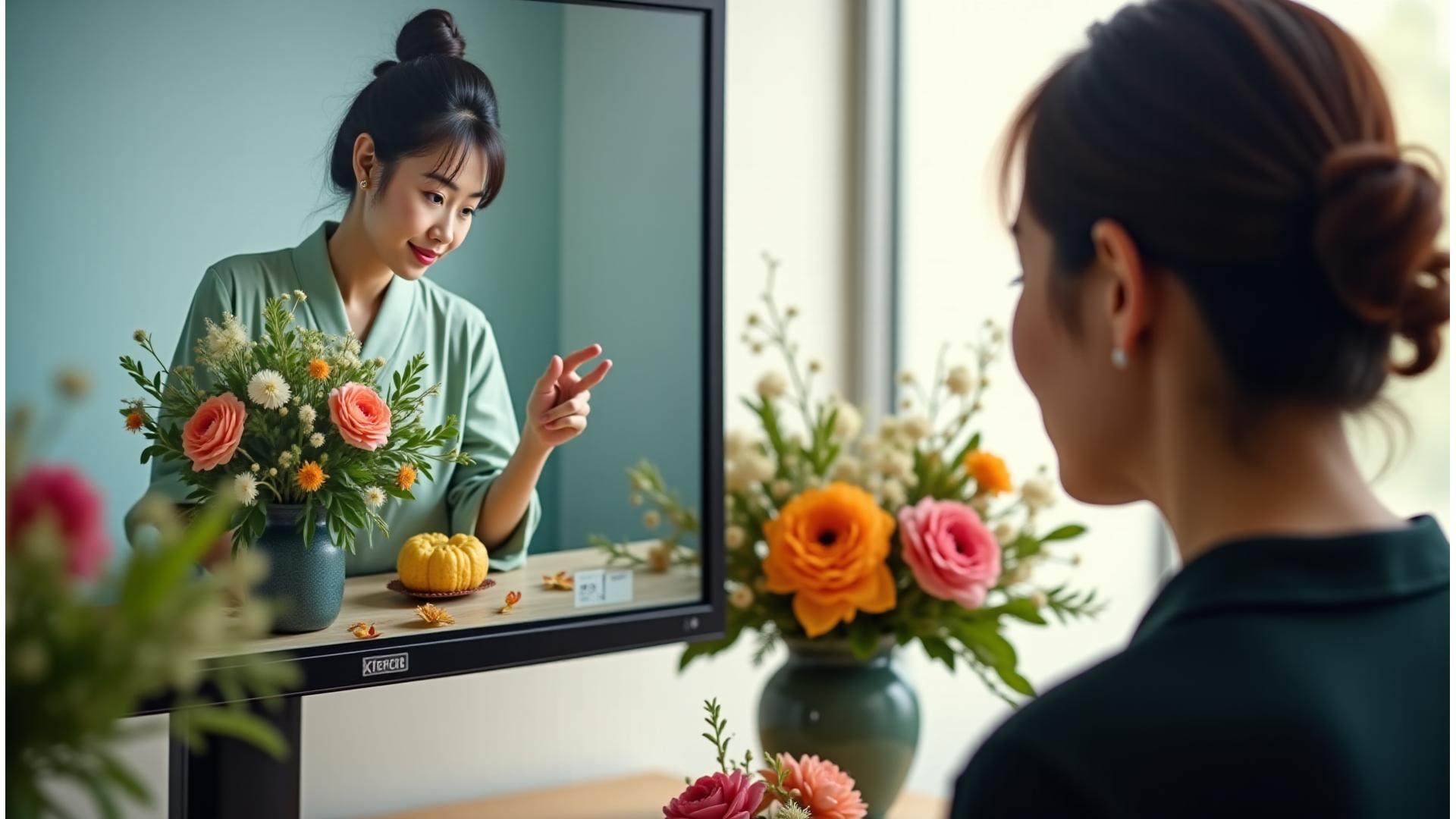 受講生が熱心にバーチャルワークショップに参加し、画面越しに講師と交流している様子。机上には美しい花材が広がり、高解像度のカメラがテクニックを捉えている。