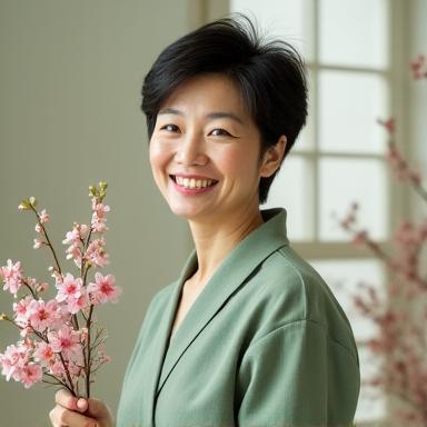 穏やかな笑顔で花材を持つベテランの日本人フローラルデザイナーの肖像。