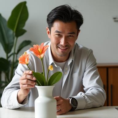 笑顔で生徒と交流する、カリスマ性のあるデザイナーの肖像。