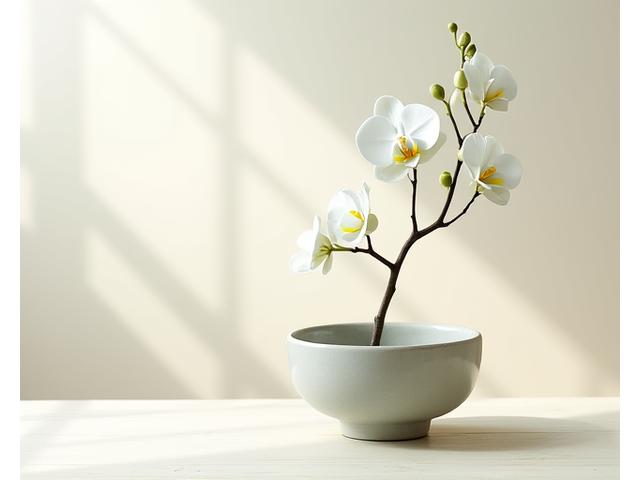 洗練された白い空間に、一本の枝と数輪のミニマルな花だけが配置された、静かで瞑想的なフローラルアート。