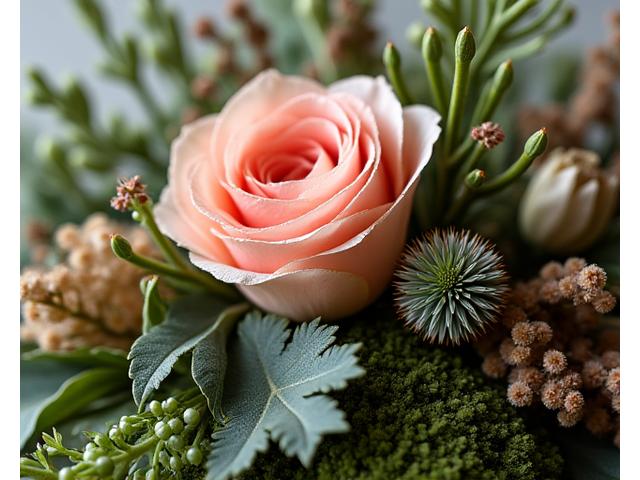 様々な質感の植物と花材を重ねて、奥行きと表情豊かなフローラルデザインを創り出す手のクローズアップ。
